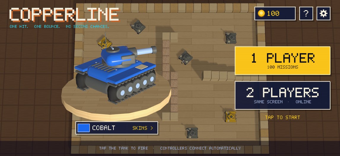 Home screen with the blue tank on a turntable and 1 Player and 2 Players buttons