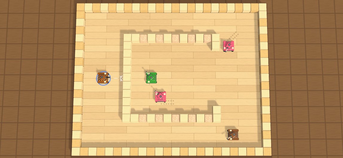 A mission in play: a striped player tank facing green, pink and brown enemy tanks on a wooden arena