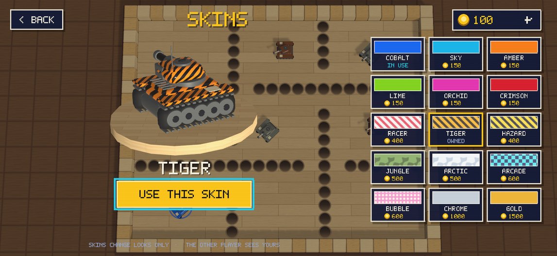 The skin shop showing fifteen tank skins with coin prices