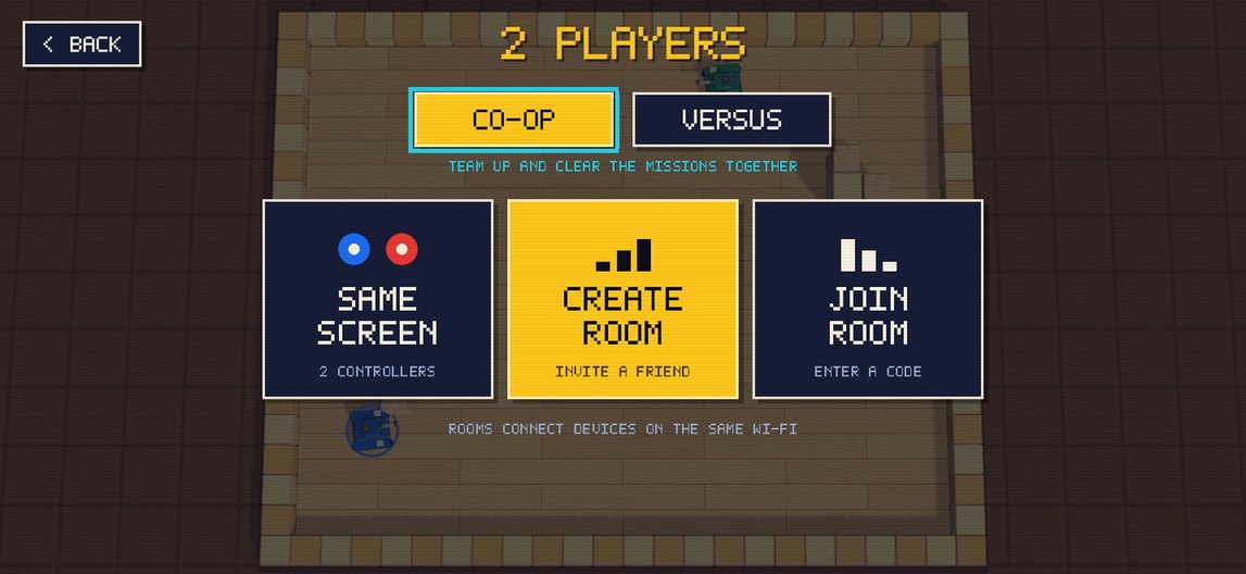 The 2 Players screen with co-op and versus, same screen, create room and join room